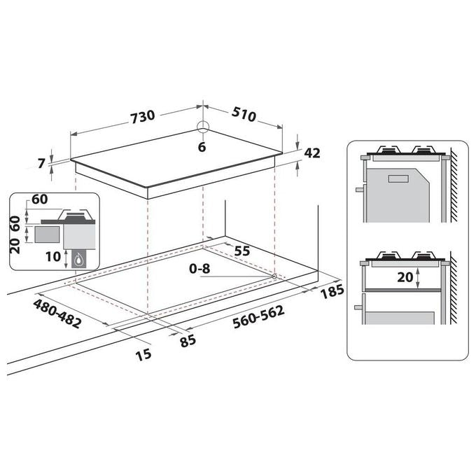 Whirlpool GOA7523-WH Piano Cottura a Gas 5 Zone Griglie in Ghisa 73 cm Bianco