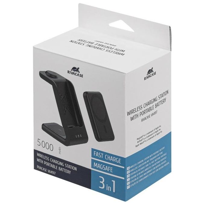 Rivacase VA4917 Caricabatterie Wireless Qi 15W con Batteria Esterna con Funzione di Ricarica Rapida Qc-Pd 5000 Mah