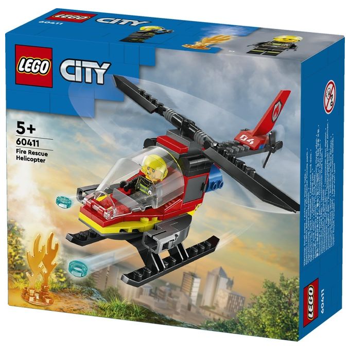 LEGO City 60411 Elicottero dei Pompieri, Veicolo Giocattolo con 2 Elementi Lancia-Acqua e Minifigure, Giochi per Bambini 5+