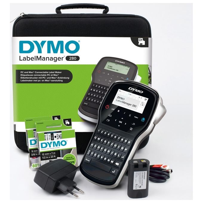 Dymo LabelManager 280 Kit Etichettatrice Portatile Ricaricabile Tastiera QWERTY con Custodia e 2 Nastri per Etichette