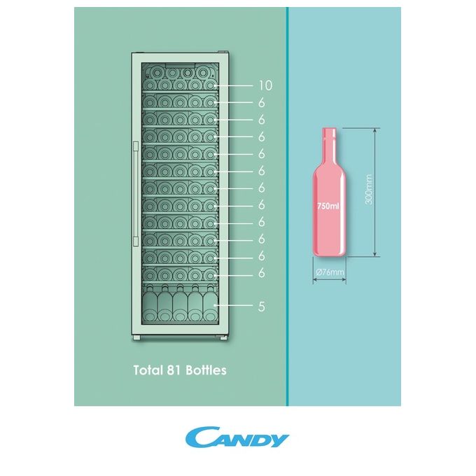 Candy CWC 200 EELW-N Vino Cantina 81 Bottiglie Classe energetica A 12 ripiani in Legno + 1 wine rack Wifi 146 cm Nero