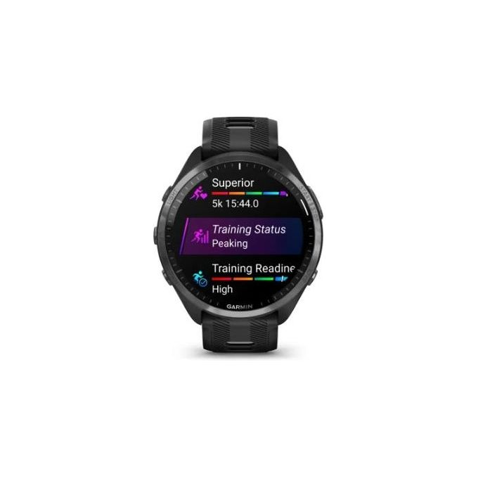 Garmin Forerunner 965 1.4'' Amoled GPS Sport Salute Notifiche Lunetta in titanio DLC grigio carbonio con cassa nera e cinturino in silicone nero-grigio polvere