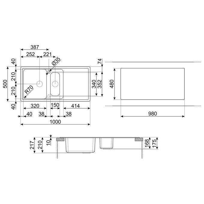 Smeg LZ102A2 Lavello Sintetico da Incasso Standard Estetica Universale 1 Vasca 1-2 + Gocciolatoio Reversibile 100 cm Antracite