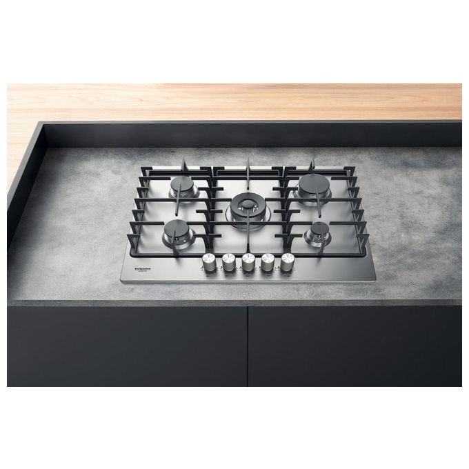 Hotpoint PPH 75G DF-IX Serie Premium Piano Cottura a Gas 5 Zone 1 Doppia Corona Griglie in ghisa MyMenu Flame Control 75 cm Acciaio Inossidabile