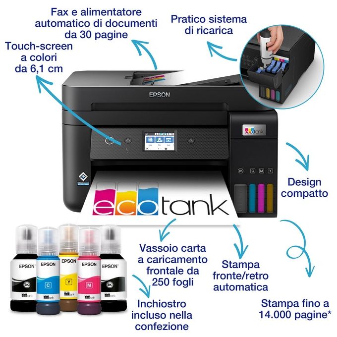 [ComeNuovo] Epson EcoTank ET-4800 stampante A4 (stampa, copia, scansione, fax) ADF, display LCD 3.7cm, USB, Wi-Fi, Wi-Fi Direct, Ethernet, Epson Smart Panel, AirPrint, serbatoi flaconi alta capacita', Nero