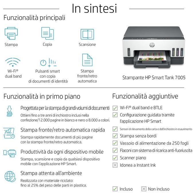 HP Smart Tank Plus 7005 AiO (28B54A) Stampante Multifunzione A4 con serbatoio di inchiostro ad alto volume di stampa stampa fronte-retro automatica scansione copia Wi-Fi HP Smart Bianco