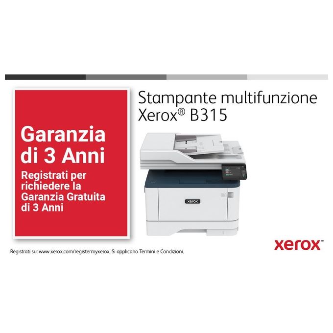 Xerox Stampante B315 Multifunzione Laser A4 B-N Copia, Stampa, Scansione, Fax, 40ppm, Wi-Fi, Stampa Fronte-Retro
