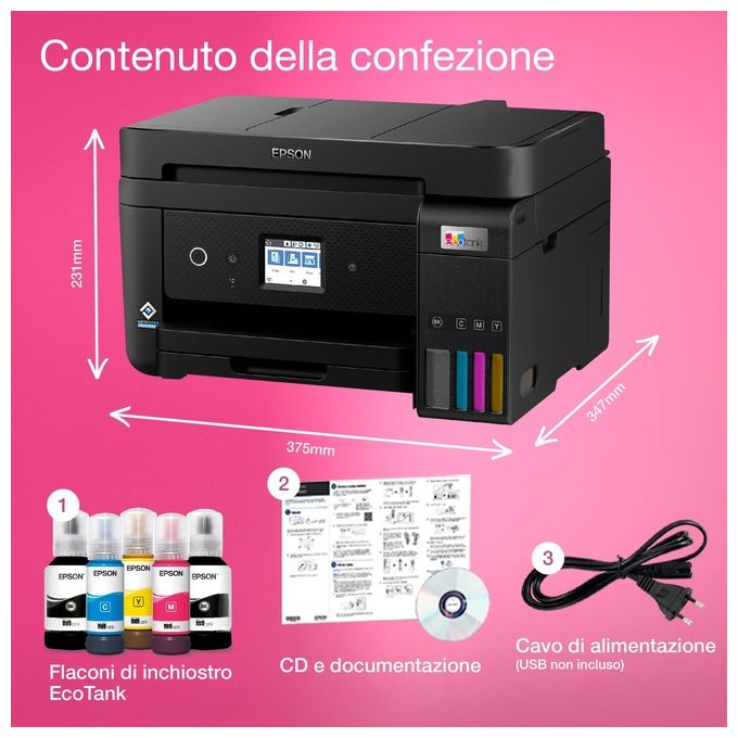 [ComeNuovo] Epson EcoTank ET-4800 stampante A4 (stampa, copia, scansione, fax) ADF, display LCD 3.7cm, USB, Wi-Fi, Wi-Fi Direct, Ethernet, Epson Smart Panel, AirPrint, serbatoi flaconi alta capacita', Nero