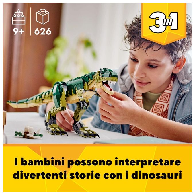 LEGO Creator 3 in 1 T. Rex Dinosauro Giocattolo Trasformabile in 3 Modellini Snodabili come Triceratopo e Pterodattilo Giochi per Bambini e Bambine da 9 Anni Idea Regalo di Compleanno 31151