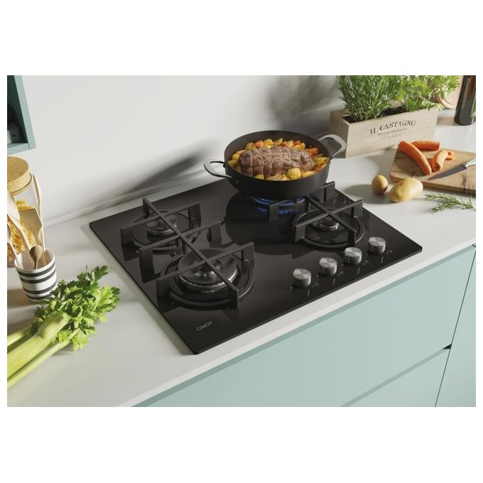 Candy CDK6GF4WEKB New Timeless GOG Piano Cottura a Gas su vetro 4 zone Manopole New Timeless Big Front DC Griglie in ghisa 60 cm 4 livelli di potenza Nero