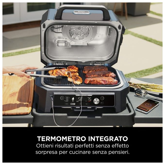 Ninja OG901EU Woodfire Pro Connect XL Barbecue Elettrico Griglia Affumicatore Friggitrice ad Aria 7 in 1 Controllo con App Termometro Digitale Pellet Woodfire Resistente alle Intemperie Nero