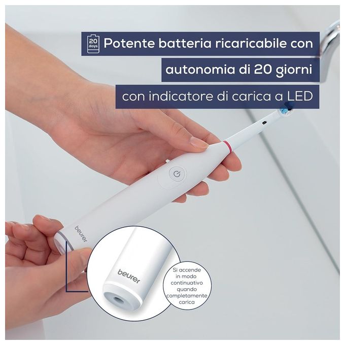 Beurer TB 30 - Spazzolino elettrico oscillante-rotante, 2 modalita' (Clean, Sensitive), timer da 2 min, autonomia 20 giorni, ricaricabile con stazione induttiva + USB, testina Clean inclusa, sensore di pressione, display LED, Bianco