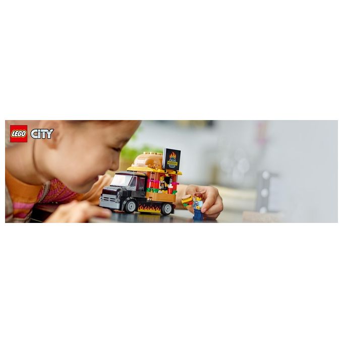 LEGO City 60404 Furgone degli Hamburger Giocattolo, Veicolo per Bambini 5+ Anni, Camion Food Truck con Accessori e 2 Minifigure