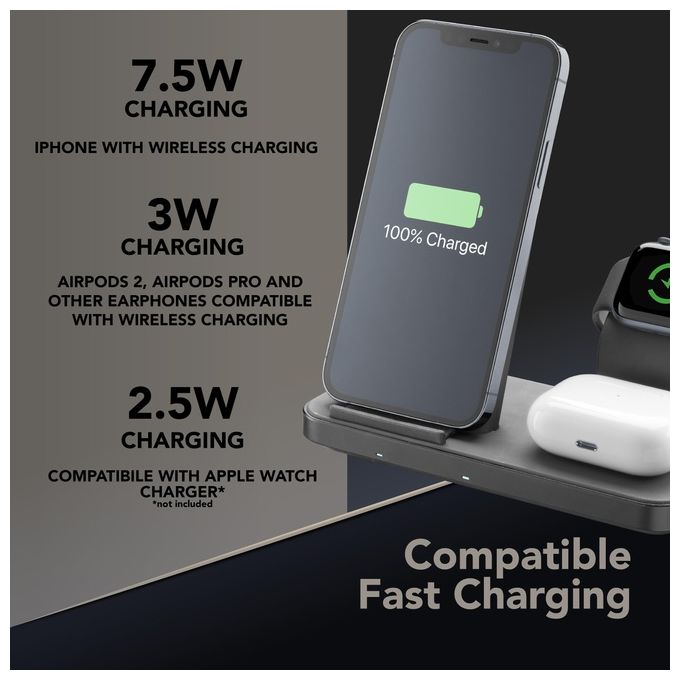 [ComeNuovo] Cellular Line Trio Wireless Charger Supporto di Ricarica Wireless 3in1 per Dispositivi Apple Nero