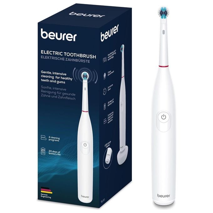 Beurer TB 30 - Spazzolino elettrico oscillante-rotante, 2 modalita' (Clean, Sensitive), timer da 2 min, autonomia 20 giorni, ricaricabile con stazione induttiva + USB, testina Clean inclusa, sensore di pressione, display LED, Bianco