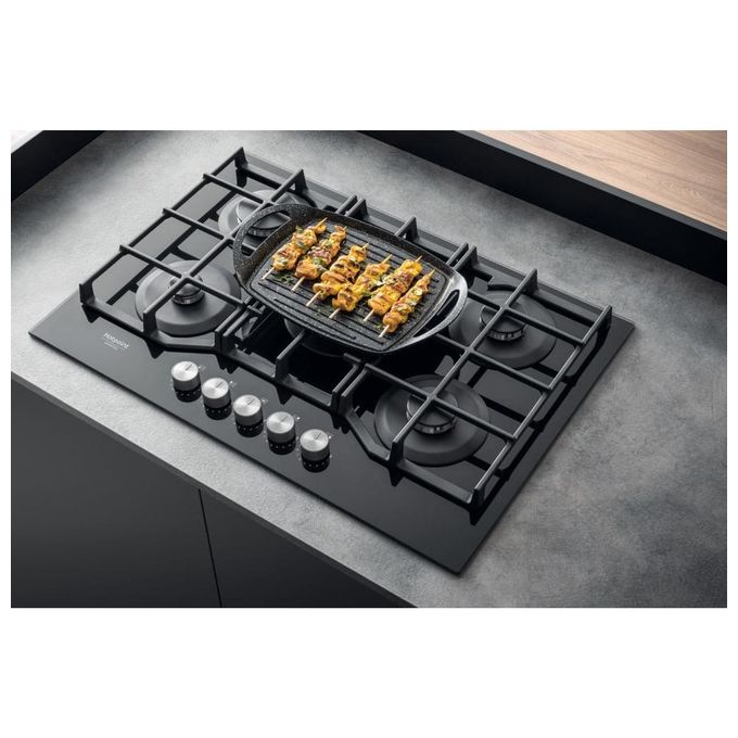 Hotpoint HAGS 72F-BK Serie Cristallo Nero Piano Cottura a Gas 5 Zone 1 Doppia Corona MyMenu Flame Control Griglie in ghisa 73 cm Nero