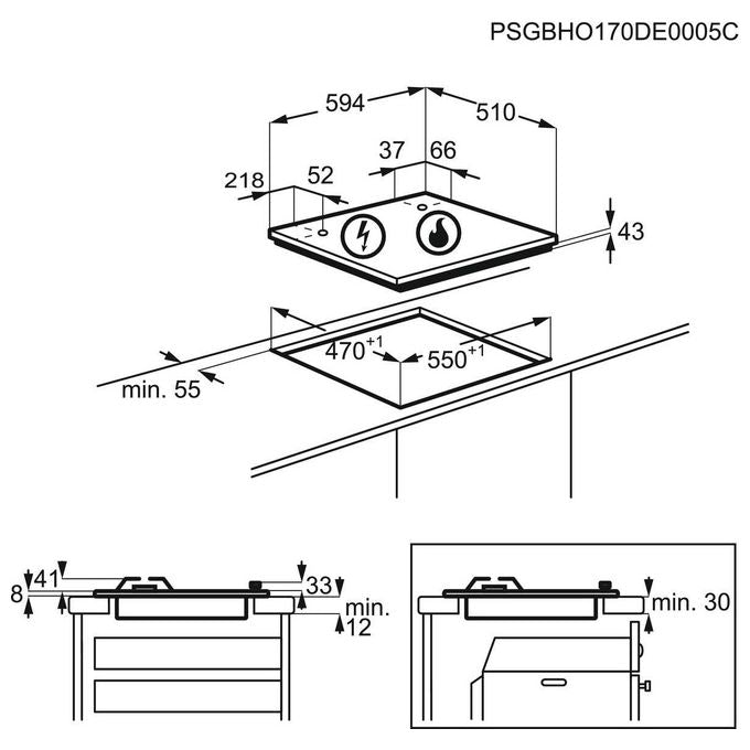 Electrolux KGS6404T Piano Cottura a Gas Slim Profile 4 Zone Speed Burner Bruciatore Wok Sicurgas 60 cm Terra di Francia