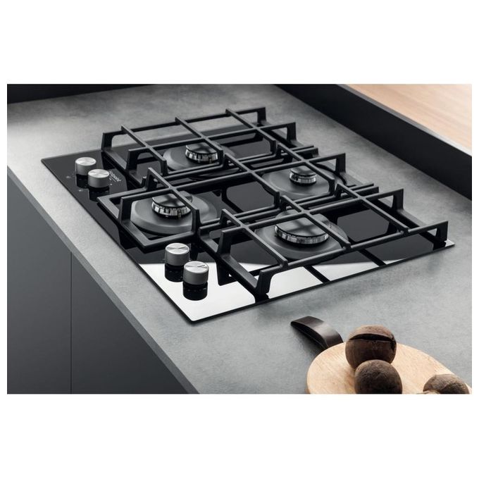 Hotpoint HAGS 61F-BK Piano Cottura a Gas in  Vetroceramica 4 Zone My Menu Flame Control 9 livelli di potenza Griglie in ghisa 60 cm Nero