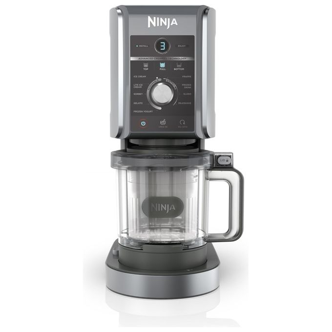 Ninja CREAMi Deluxe NC501EU - Gelatiera turbina elettrica con compressore, capacita' 2,1 L, potenza 800 W, 3 vaschette da 709 ml, 10 programmi (gelato, sorbetto, frappé…), funzione CREAMify, timer digitale, pezzi lavabili in lavastoviglie, Nero-Grigio