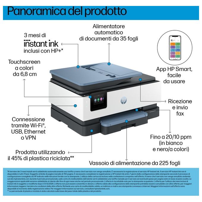 HP OfficeJet Pro 8135e 40Q47B, Stampante Multifunzione a Getto d'Inchiostro A4 a Colori, Fronte e Retro Automatico, 20 ppm, Wi-Fi, HP Smart, 3 Mesi di Inchiostro Instant Ink Inclusi con HP+, Grigia