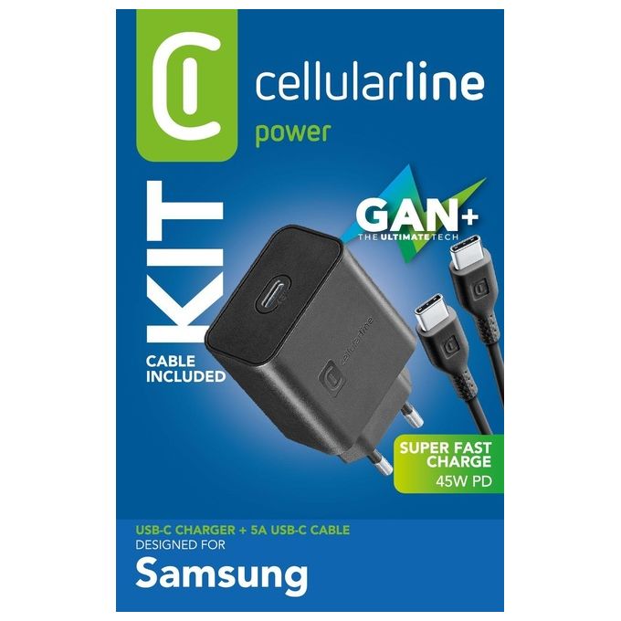 Cellular Line Super Fast Charger Kit PD 45W Caricabatterie da Rete USB-C 45W con cavo USB Type-C 1mt Nero