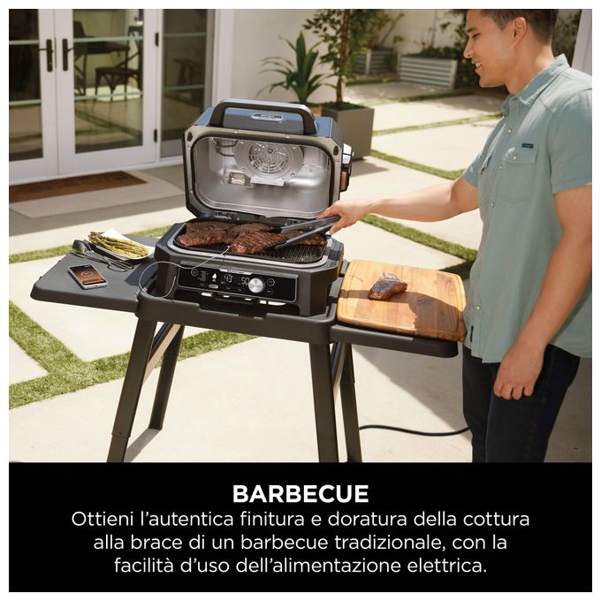 Ninja OG901EU Woodfire Pro Connect XL Barbecue Elettrico Griglia Affumicatore Friggitrice ad Aria 7 in 1 Controllo con App Termometro Digitale Pellet Woodfire Resistente alle Intemperie Nero