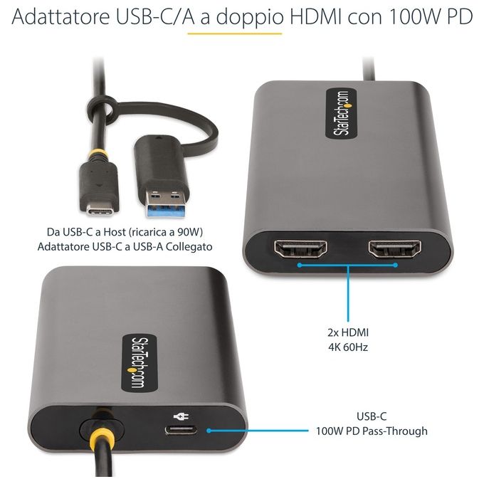 Startech.com Adattatore da Usb-c a Hdmi per Laptop 4k 60hz 100W Power Delivery Pass-through Cavo Integrato 30cm