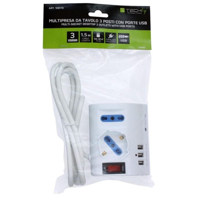 Techly Multipresa da Tavolo 3 Posti con Porte Usb