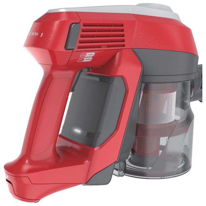 Hoover HF122RH 011 H-Free 100 – Scopa elettrica senza filo e senza sacco, capacita' 0,9 L, autonomia fino a 40 minuti, 2 velocita', sistema ciclonico, accessori inclusi, colore Argento-Rosso
