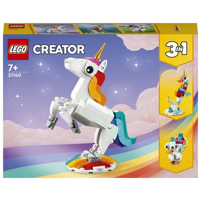 LEGO Creator 31140 Unicorno Magico con Arcobaleno, Set 3 in 1 con Animali Giocattolo Fantastici, Cavalluccio Marino e Pavone