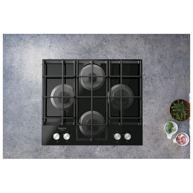 Hotpoint HAGS 61F-BK Piano Cottura a Gas in  Vetroceramica 4 Zone My Menu Flame Control 9 livelli di potenza Griglie in ghisa 60 cm Nero