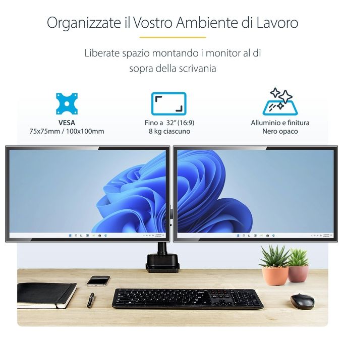 StarTech.com Supporto Doppio Monitor per Scrivania Braccio per 2 Monitor VESA fino a 32'' 8Kg