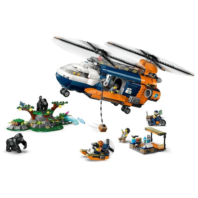 LEGO City Elicottero dell'Esploratore nella Giungla Modellino di Veicolo Giocattolo da Costruire con Doppi Rotori Giochi per Bambini da 8 Anni con Campo Base 3 Animali Gorilla e 5 Minifigure 60437