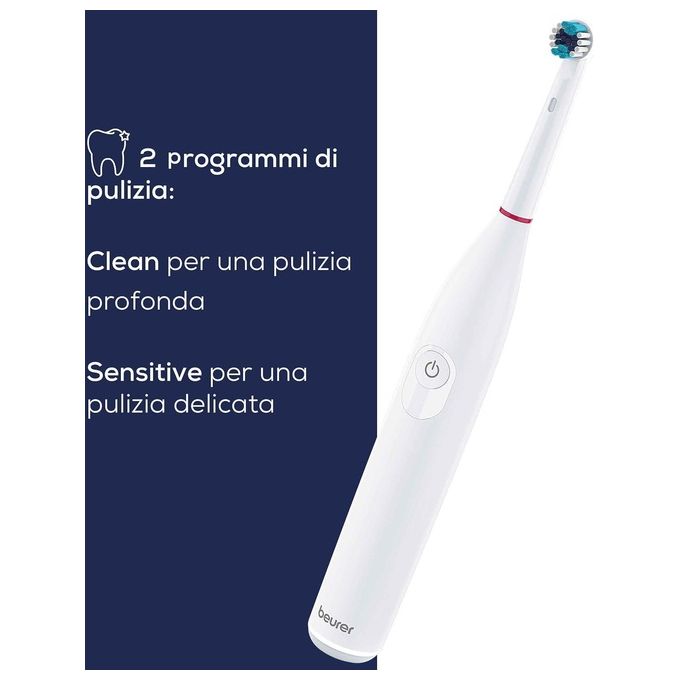 Beurer TB 30 - Spazzolino elettrico oscillante-rotante, 2 modalita' (Clean, Sensitive), timer da 2 min, autonomia 20 giorni, ricaricabile con stazione induttiva + USB, testina Clean inclusa, sensore di pressione, display LED, Bianco