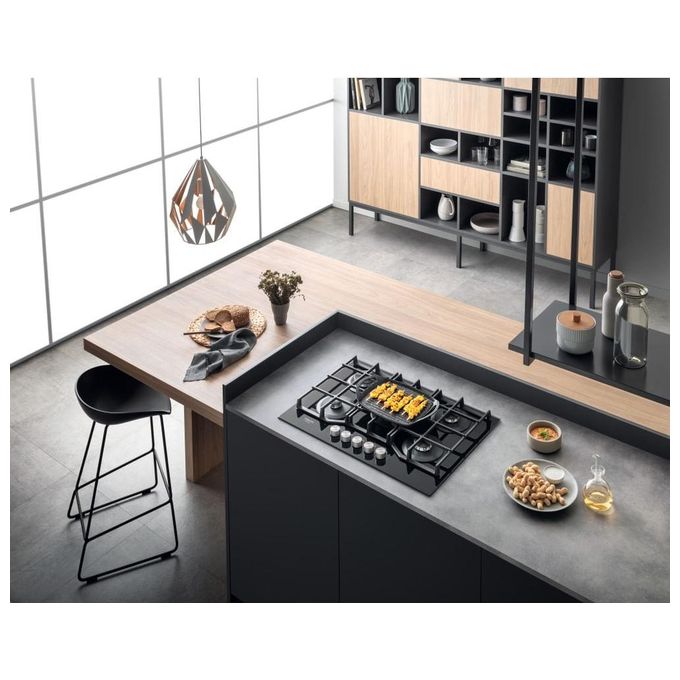 Hotpoint HAGS 72F-BK Serie Cristallo Nero Piano Cottura a Gas 5 Zone 1 Doppia Corona MyMenu Flame Control Griglie in ghisa 73 cm Nero