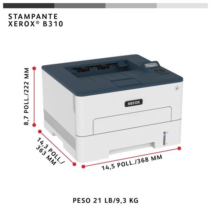 Xerox B310 Stampante A4 40ppm Fronte-Retro Wireless PS3 PCL5e-6 2 Vassoi Totale 350 Fogli
