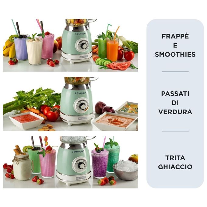 Ariete frullatore vintage 583, tazza in vetro 1,5 litri, 1000w, 4 lame acciaio inox, 4 velocita' e pulse, tritaghiaccio, verde