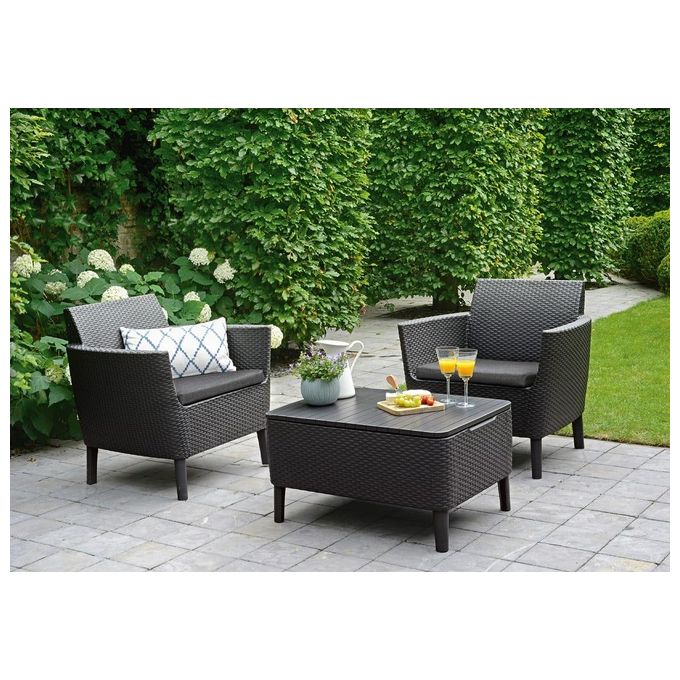 Keter Salemo Balcony Set Cuscini Poltrone 79X66,5X76H Tavolo Contenitore 76,5X56,5X41,5H Flat Wicker 7 mm Grafite