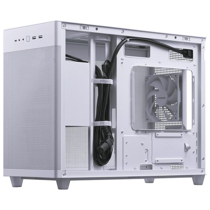 ASUS Prime AP201, case MicroATX, 33 litri, pannelli laterali tool-free e una mesh quasi filtrante, supporto per dissipatori da 360mm, schede grafiche lunghe fino a 338 mm e PSU ATX standard. Bianco