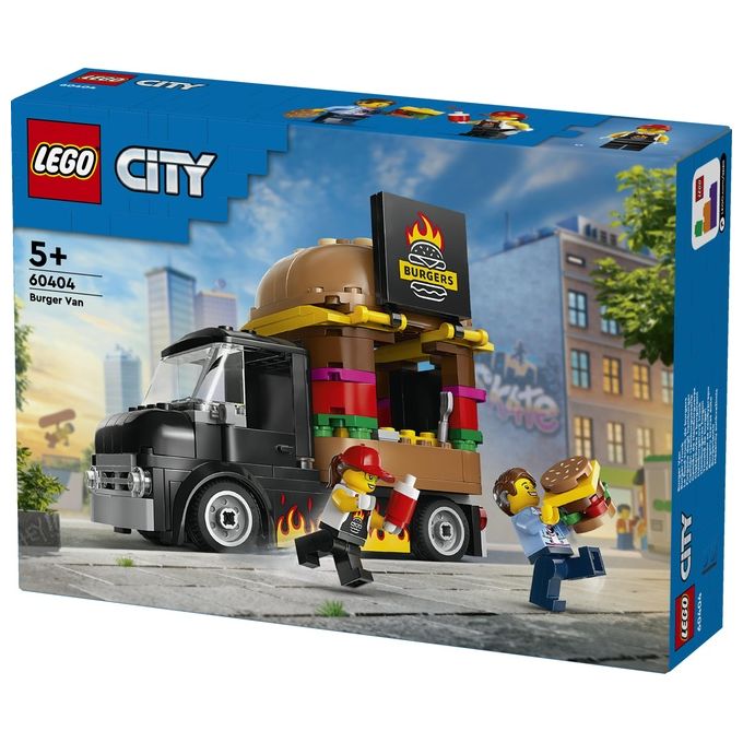 LEGO City 60404 Furgone degli Hamburger Giocattolo, Veicolo per Bambini 5+ Anni, Camion Food Truck con Accessori e 2 Minifigure