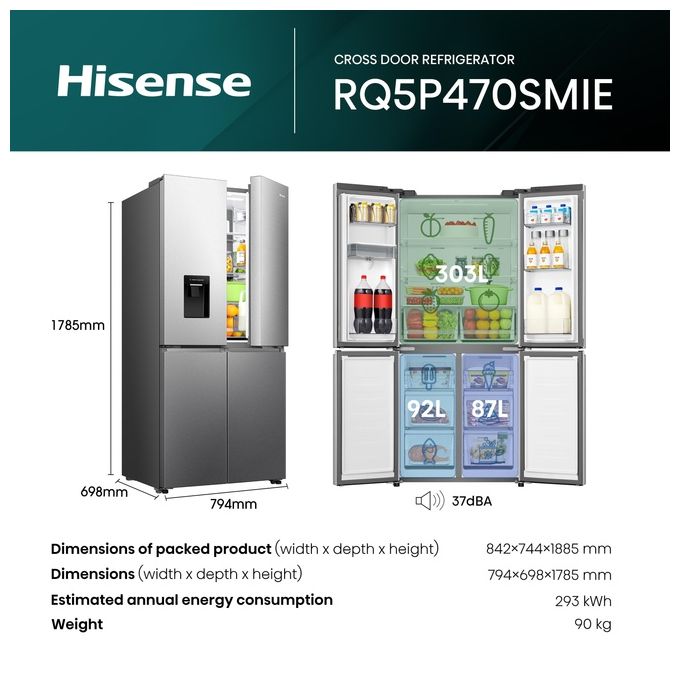 Hisense RQ5P470SMIE – Frigorifero Americano Side by Side 483 L, Classe E, Total No Frost,  Inox