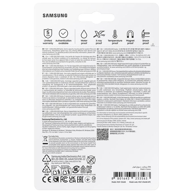 Samsung MUF-256AB FIT Plus Chiavetta USB 256 GB USB 3.2 Gen 1 Tipo A 400 MB-s Protezione Password colore Grigio Argento