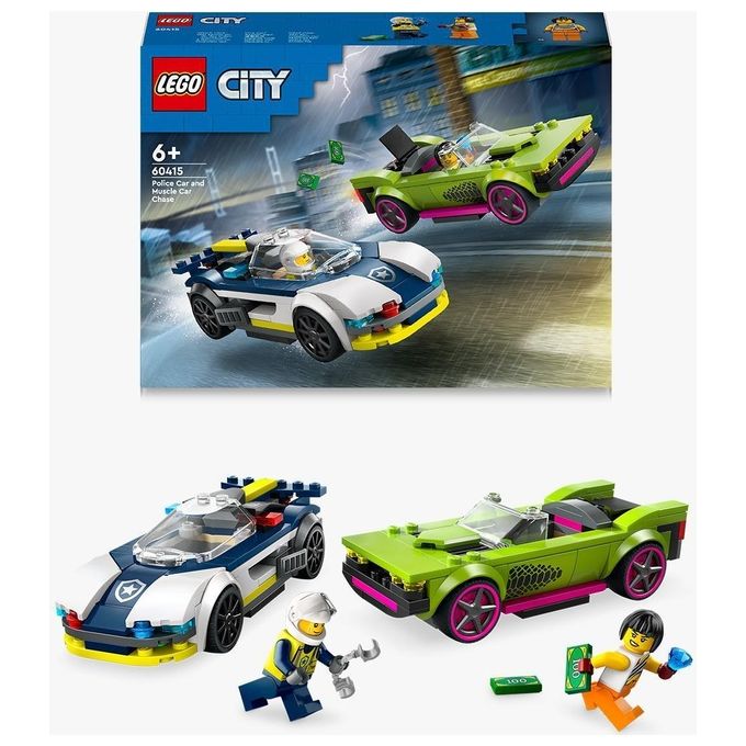 LEGO City 60415 Inseguimento della Macchina da Corsa, 2 Modellini di Auto della Polizia, Giocattolo per Bambini di 6+ Anni