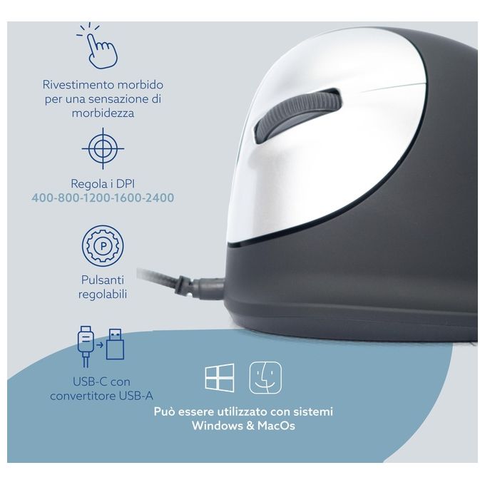 R-Go Tools R-Go HE Mouse ErgonomicoMedio (165-195mm) Mancino Cablato