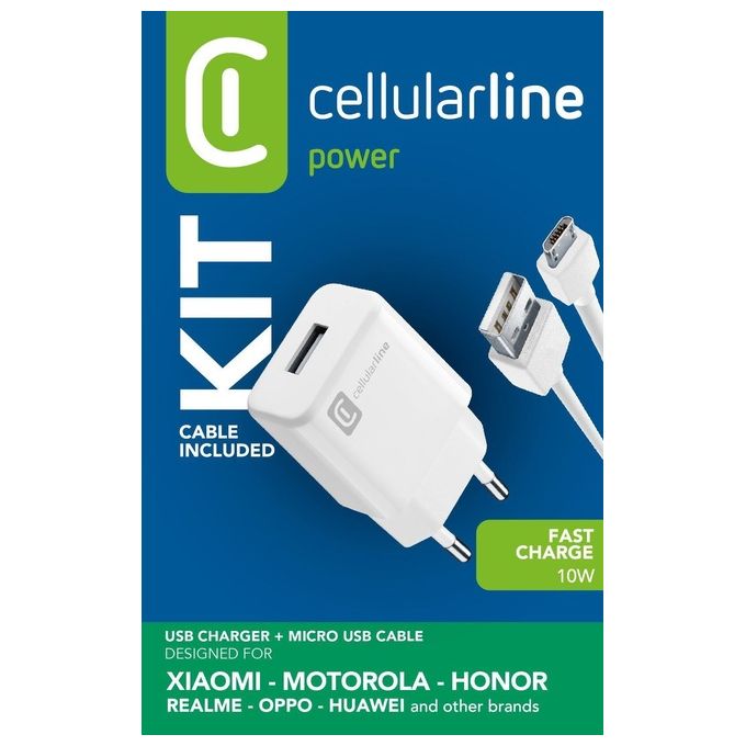 Cellular Line USB Charger Kit 2A Caricabatterie da rete veloce 10W con cavo Micro USB Bianco