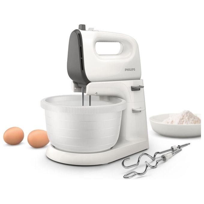 Philips HR3745-00 Viva Collection – Sbattitore elettrico 450 W, 5 velocita' + turbo, ciotola traslucida auto-rotante, ganci per impasto e fruste inclusi, colore Bianco