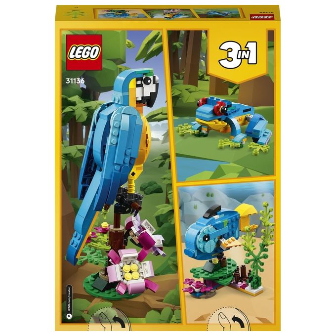 LEGO Creator 31136 Pappagallo Esotico 31136-LEGO Set 3 in 1 con Pesce e Rana Animali Giocattolo Giochi Creativi per Bambini da 7 Anni