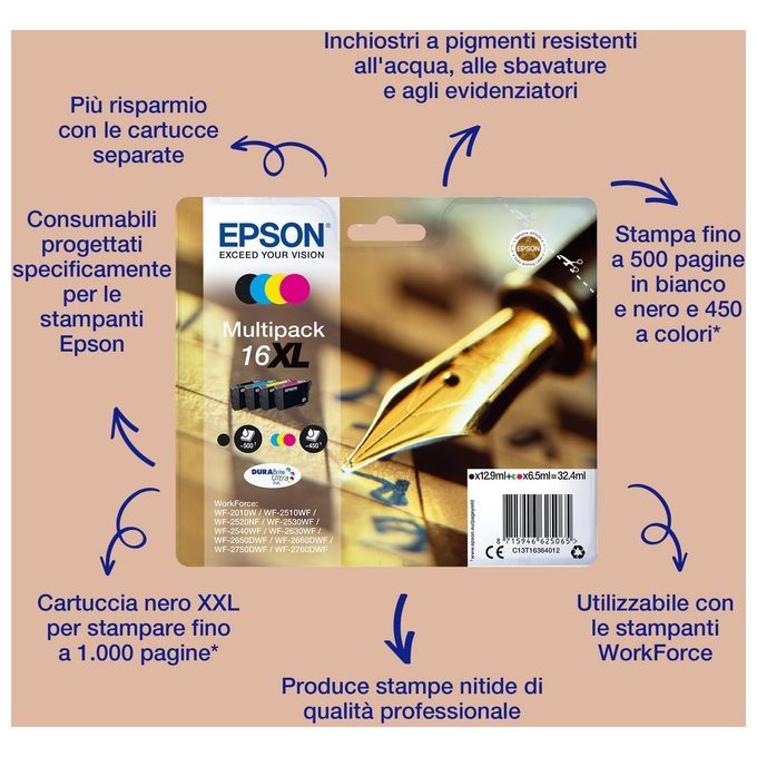Epson 16 Serie Penna Cartuccia Originale Getto d'Inchiostro DURABrite Ultra Formato XL Nero per WorkForce WF-2010, 2510, 2520, 2530, 2540, 2630, 2650, 2660, 2750, 2760