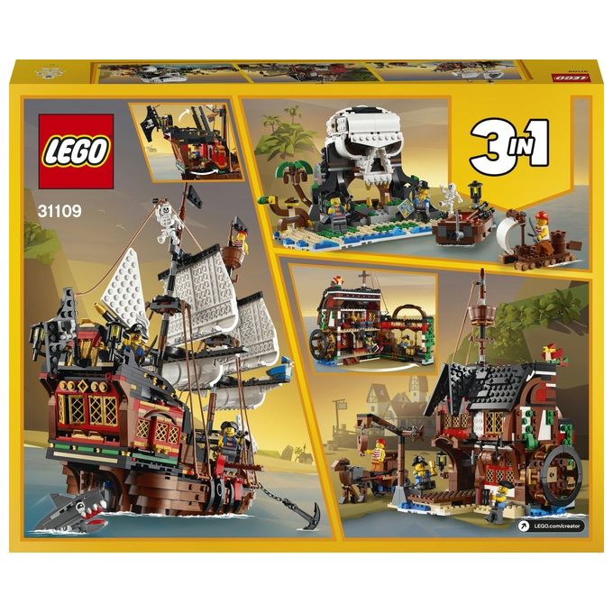 LEGO Creator 31109 Galeone dei Pirati, Set 3 in 1 con Nave Giocattolo, Locanda e Isola del Teschio, Minifigure e Squalo
