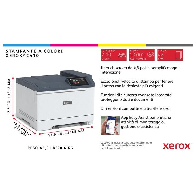 Xerox C410 A4 40 ppm Stampante Fronte-Retro PS3 PCL5e-6 2 Vassoi 251 Fogli